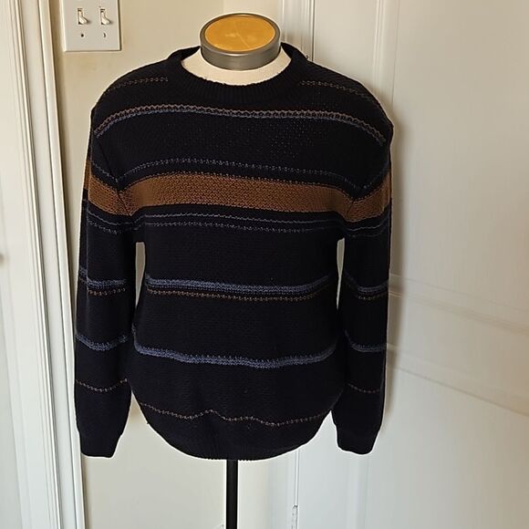 Van Heusen Men's Knitted Long Sleeves Sweater Medium Navy Blue/Brown - Picture 1 of 16